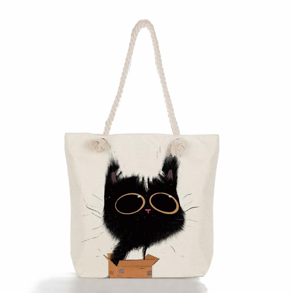 Black Cat Print Thick Rope Single-shoulder Beach Bag 7212