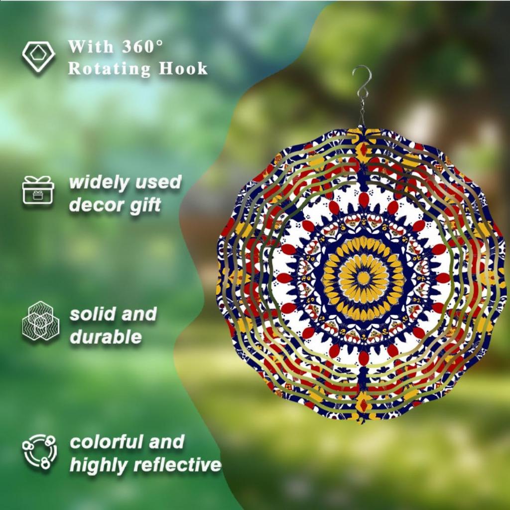 2D Spinning Wind Chime Outdoor Decor with Mandala Design for Garden Patio Balcony Hanging Ornament Wind Catcher Home Decoration