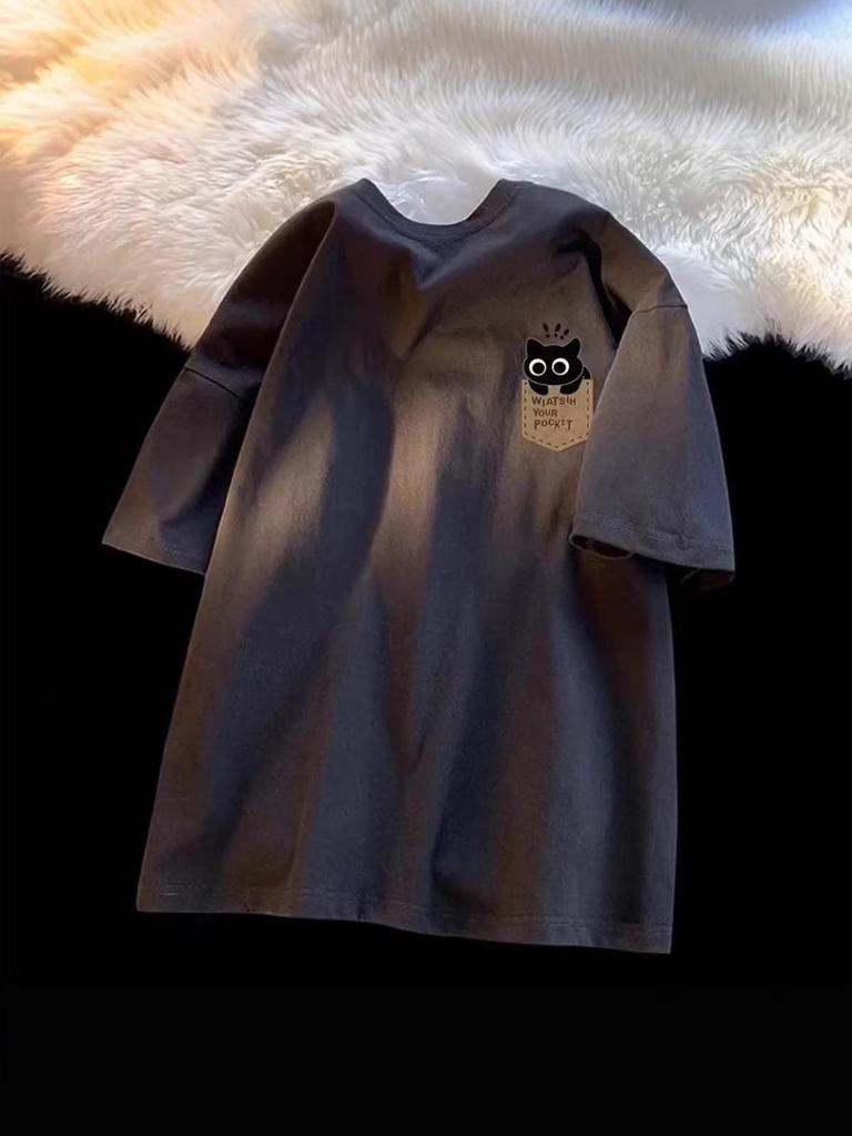 Couple's American-Style Cotton T-Shirt with Fake Pocket Print
