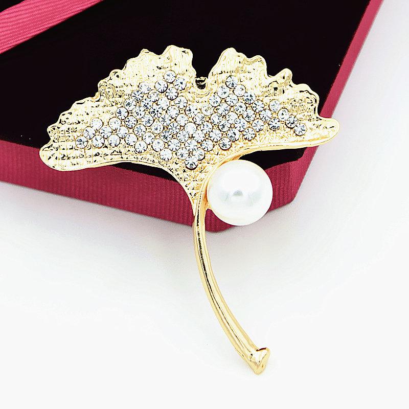 Trending Rhinestone  Pearl Ginkgo Leaf Brooch - Elegant Lapel/Corsage Pin Accessory
