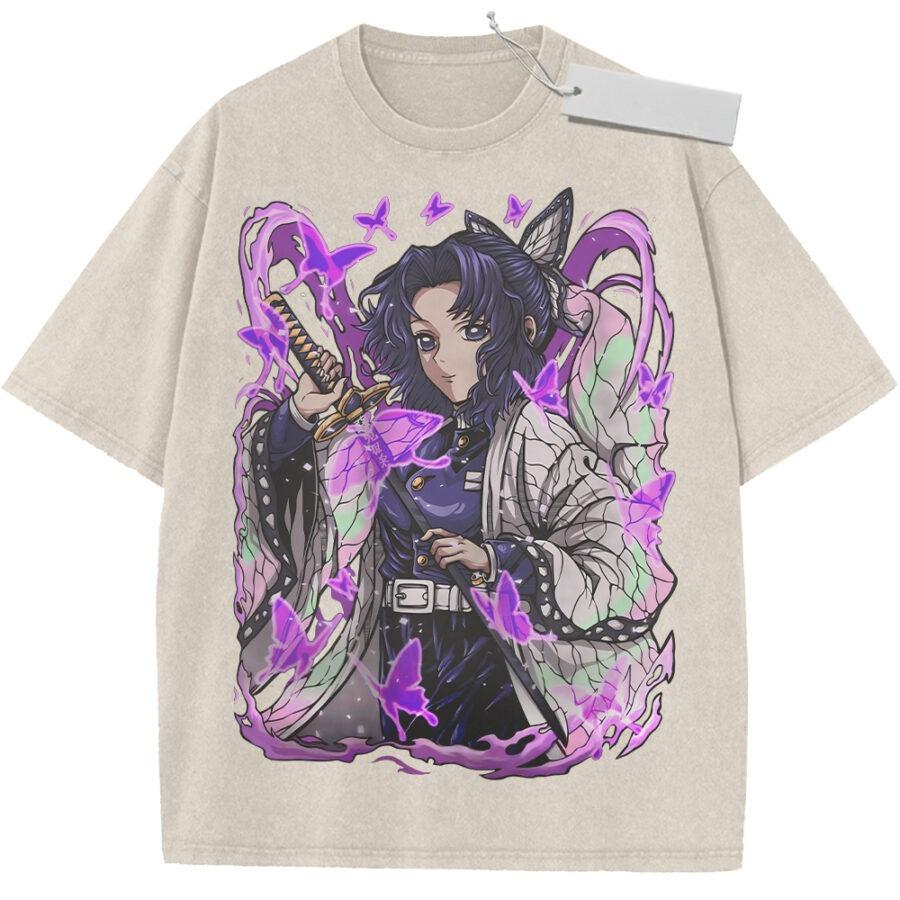 

Summer Mens Purple Washed T Shirt Demon Slayer Shinobu Kocho Butterfly Sword Purple Aura High Quality Fabric M