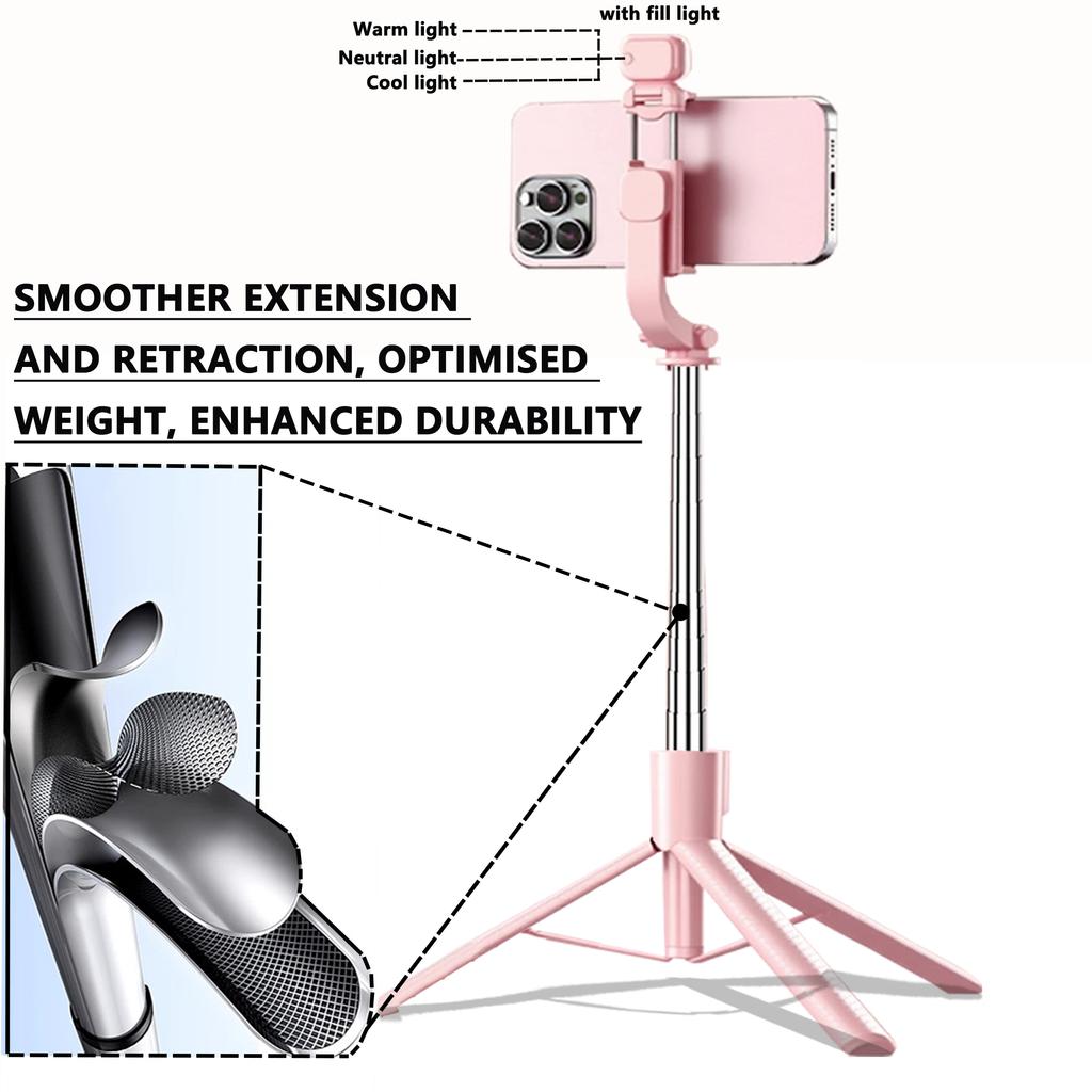 Extendable Aluminum Selfie Stick Tripod, Fill Light & Bluetooth-compatible Remote, Compatible with /Android, for Travel