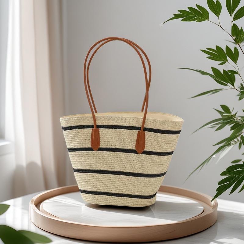 Women's Cowhide Woven Straw Tote - Large Capacity Summer Beach Bucket Bag