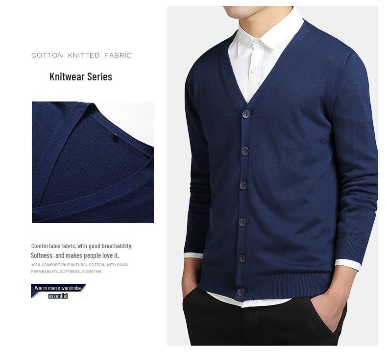 Men's Solid Color Knit V-Neck Cardigan Sweater - Spring/Autumn Business Outerwear