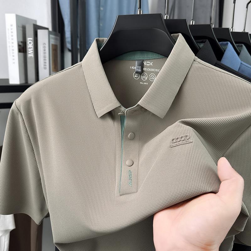 

Men s 2026 Summer Ice Silk Elastic Polo Shirt: Seamless Short Sleeve Business Casual Lapel T-shirt L