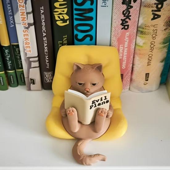 Cat Reading Figurine 3D Printed Cute Lying Cat Reading Book Statue for Office Home Bookshelf Desktop Decor Gifts for Cat Lovers