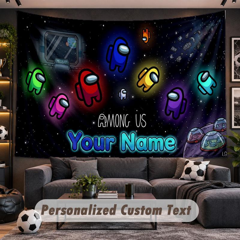 Wall Hanging Tapestry Custom NameAmong Us Pattern Personalized Printed Fabric Wall Decor