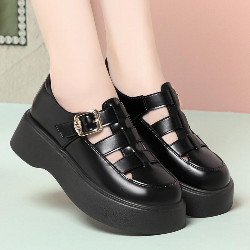 

5cm Vintage Thick Bottom CHunky Platform Shoes Breathable Cutout Soft Leather Sandals 2025 Med Square Heels Summer Sandals 34