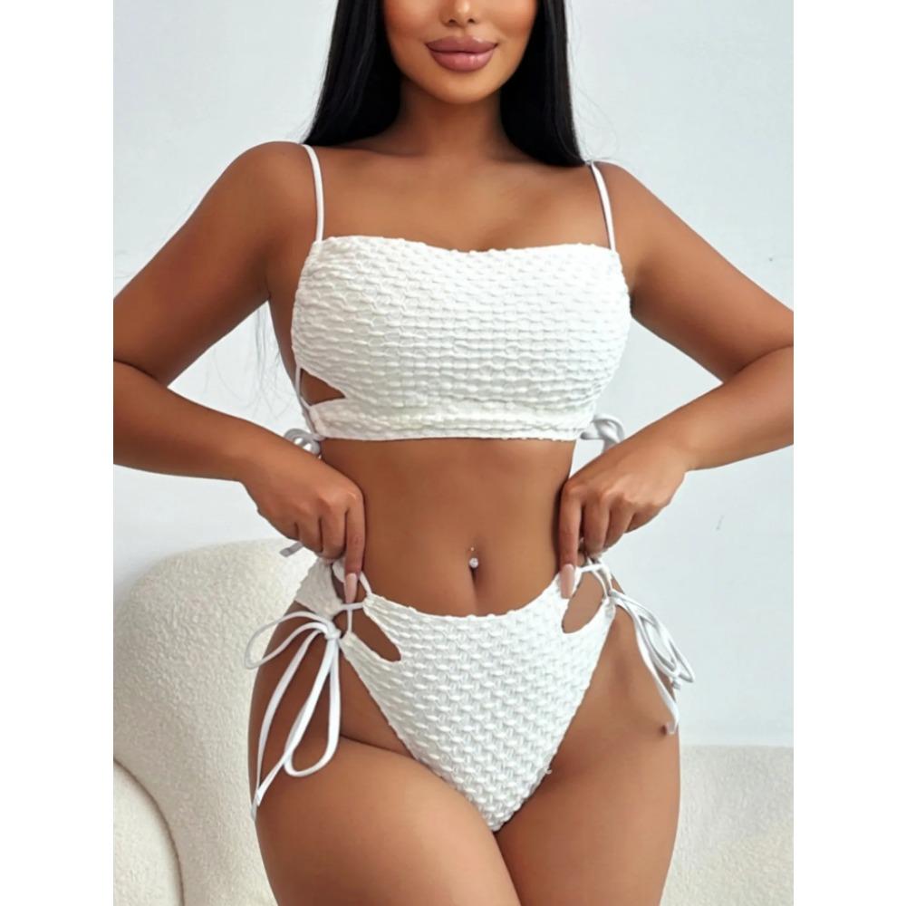 Sexy White Bikini Set 2026 Women Hollow Bandage Cross Push Up Drawstring Side High Waist Swimsuit Beach Bathing Suit Swimwear