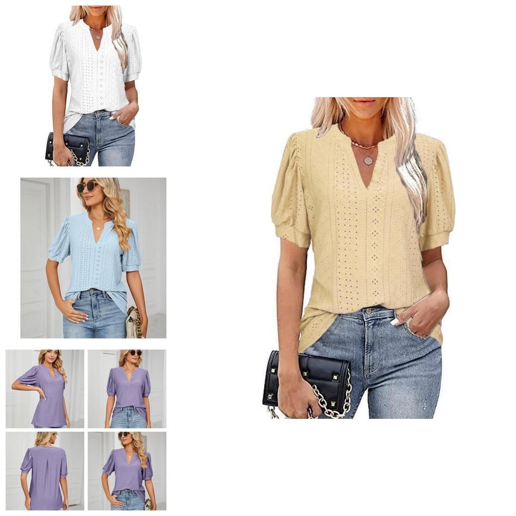 Women's V-neck Tops Short Sleeve T-shirts With Cut Out Lace Detail