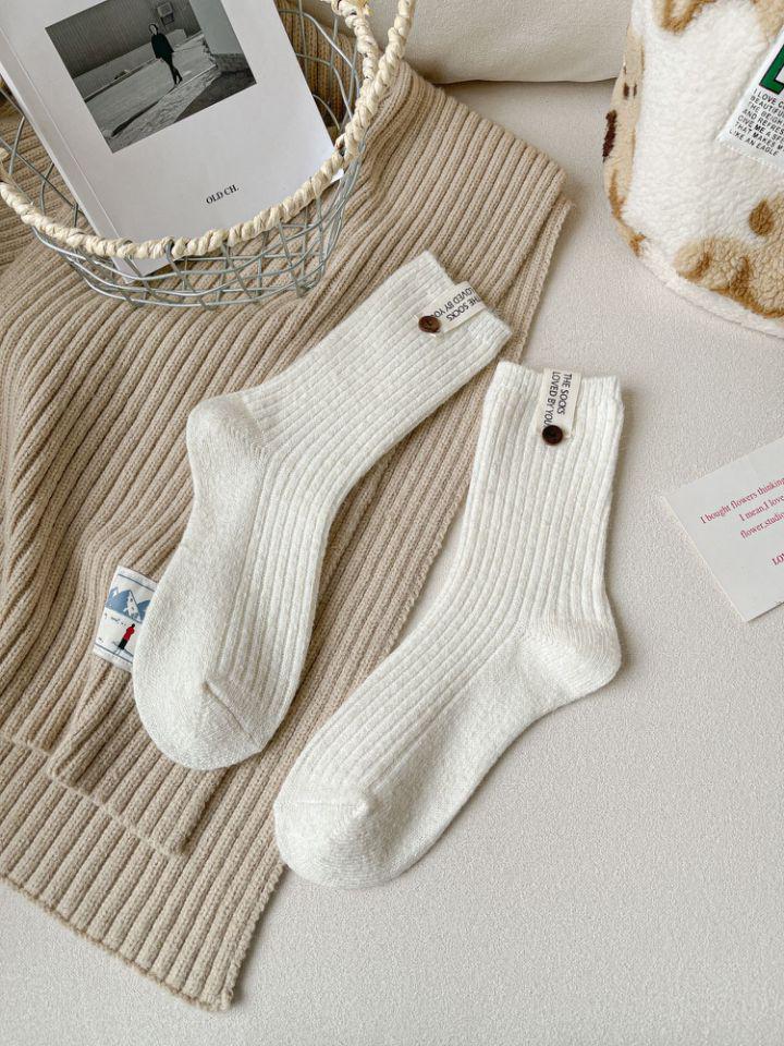

Осенне-зимние корейские шерстяные носки до середины икры на пуговицах - Женские толстые, теплые, универсальные носки-гольфы в японском стиле One Size белый
