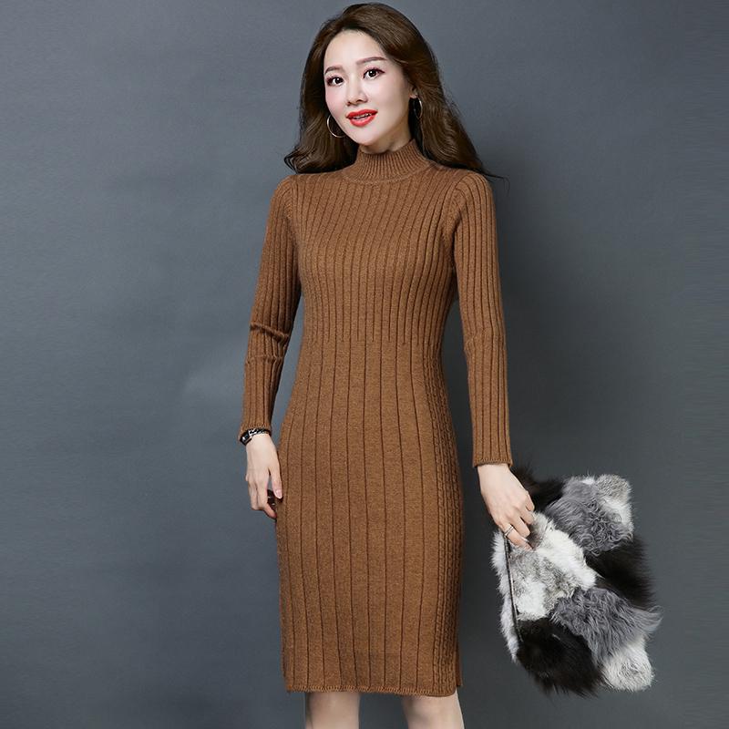 Damska dzianinowa sukienka Jesień Zima Vintage Ladies Slim Sweter Dress Długie sukienki z dzianiny
