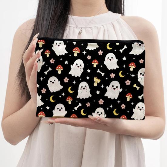 Student Stationery Pencil Pouch Cosmetic Bag, Halloween Pattern Print Makeup Canvas Anti Pilling Bag Zipper Pouch, for Change Data Cable Storage