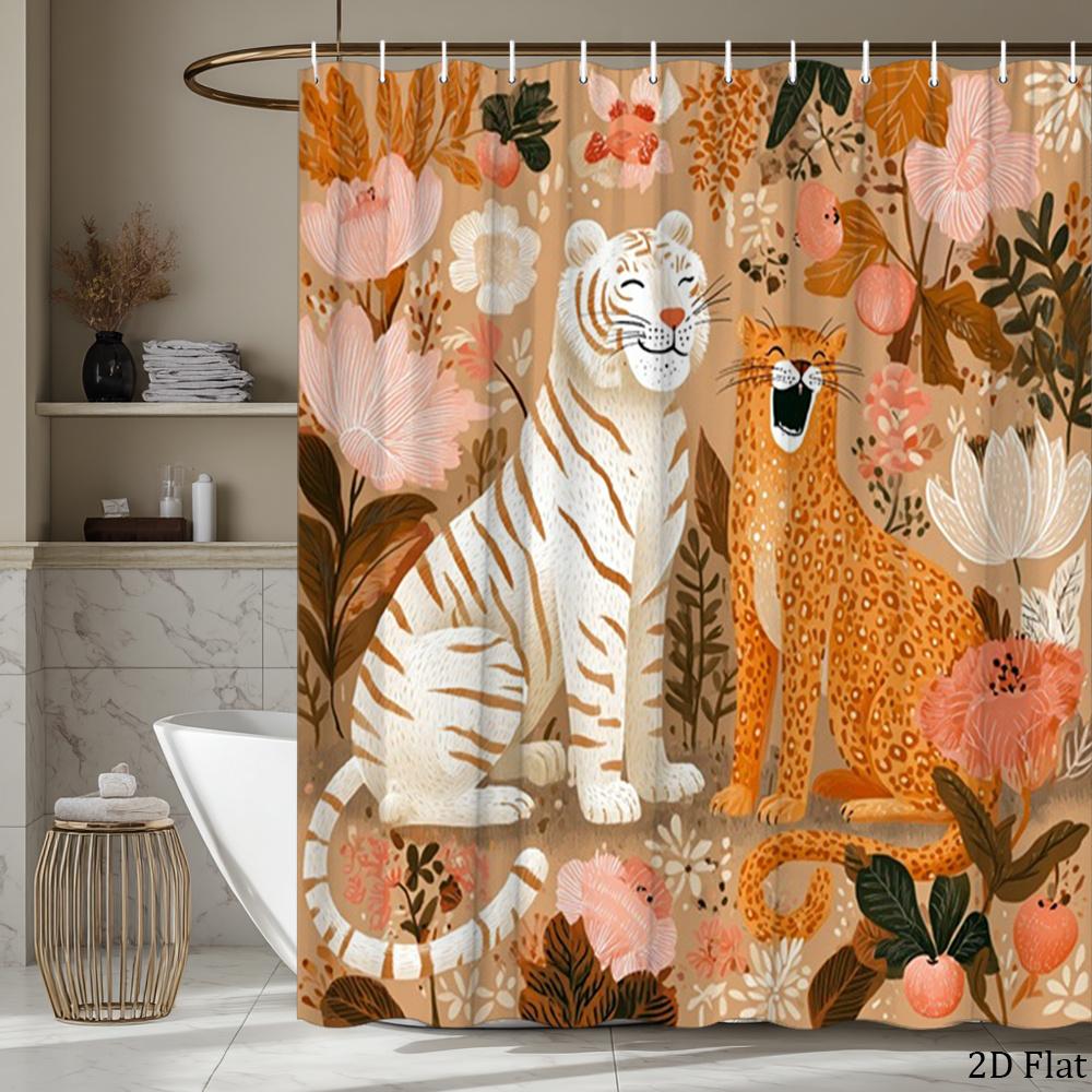 Cute Tiger and Leopard Shower Curtain Cartoon Animals with Floral Leaves, Nature-Themed Bath Curtain for Kids and Home Decor