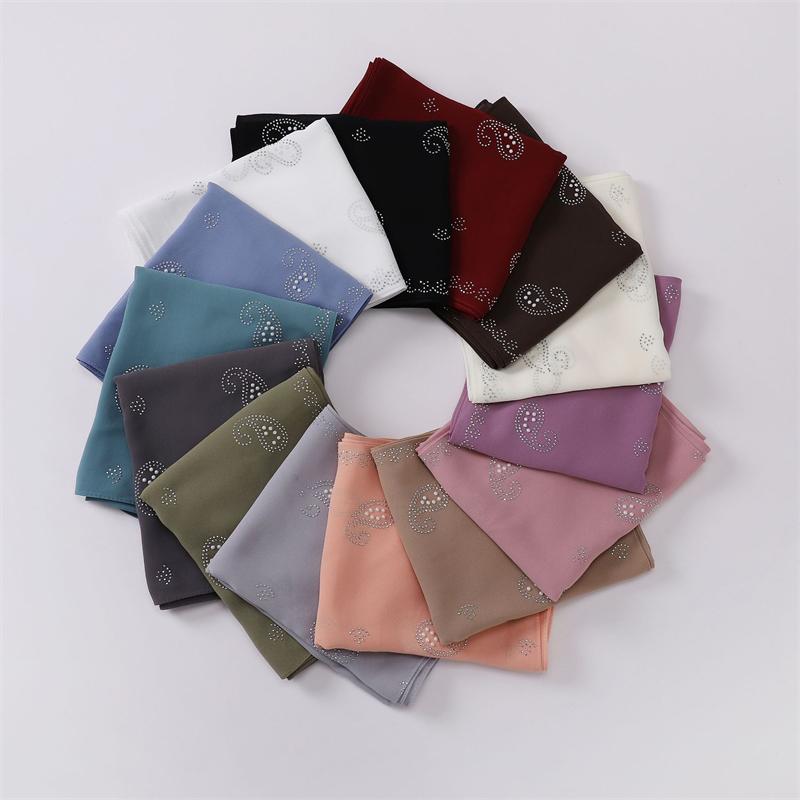 Bandanna Flower Pearl Rhinestone Chiffon Shawl Scarf High Quality Shimmer Beads Headband Wrap Foulard Muslim Hijab