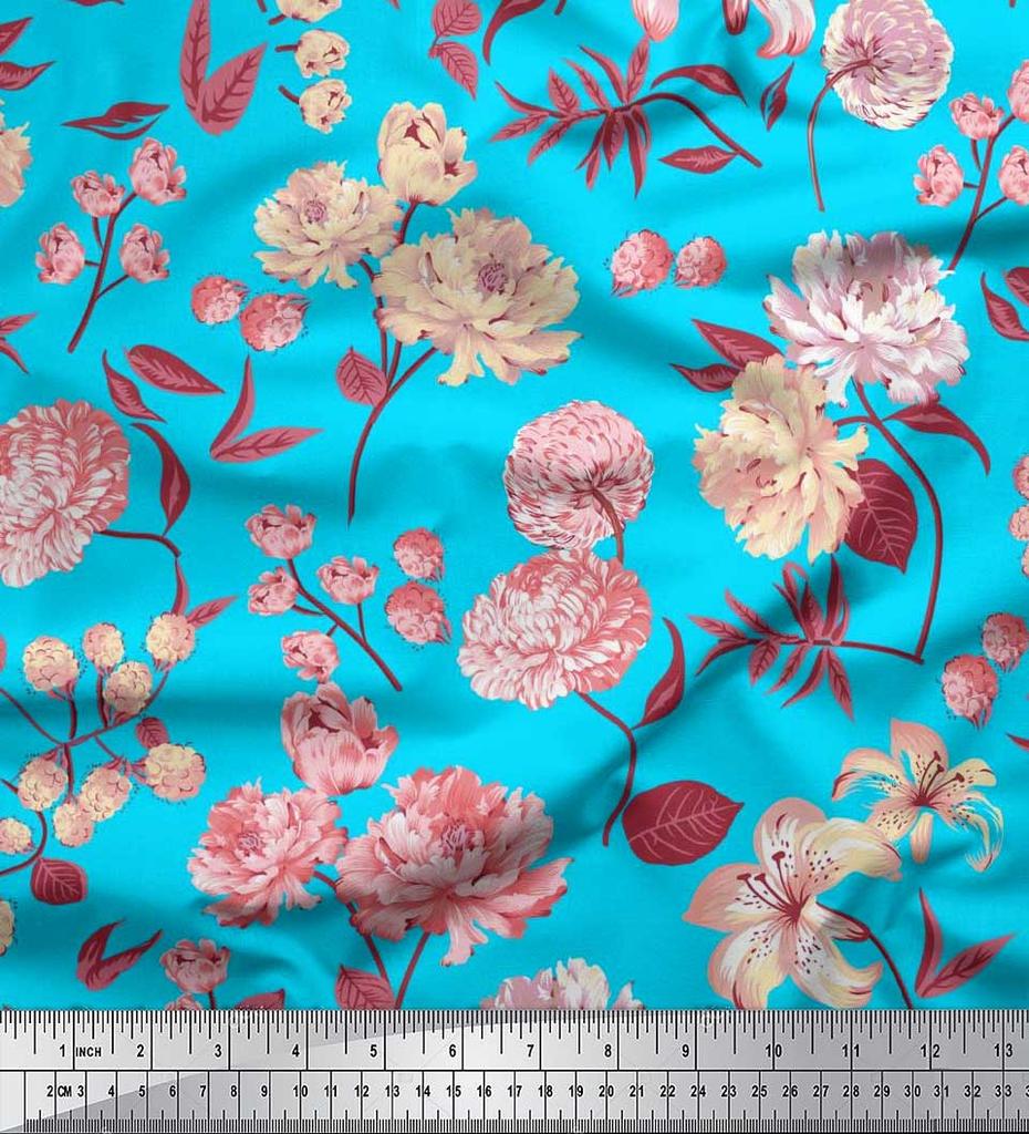 Soimoi Japan Crepe Satin Fabric Leaves,Peony & Dahlia Flower Printed Fabric 1 Metre 42 Inch