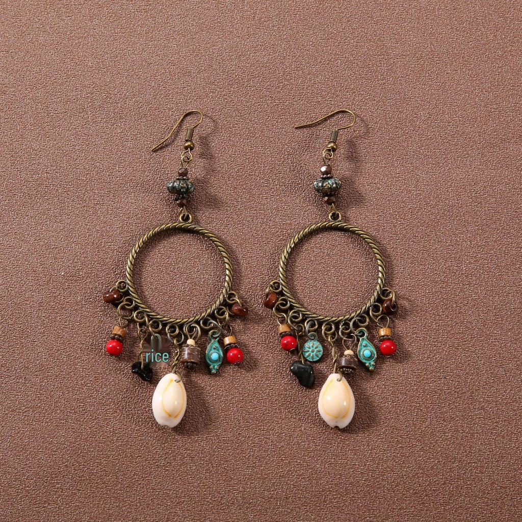 Retro Seaside Holiday Shell & Turquoise Bohemian Hoop Earrings for Women