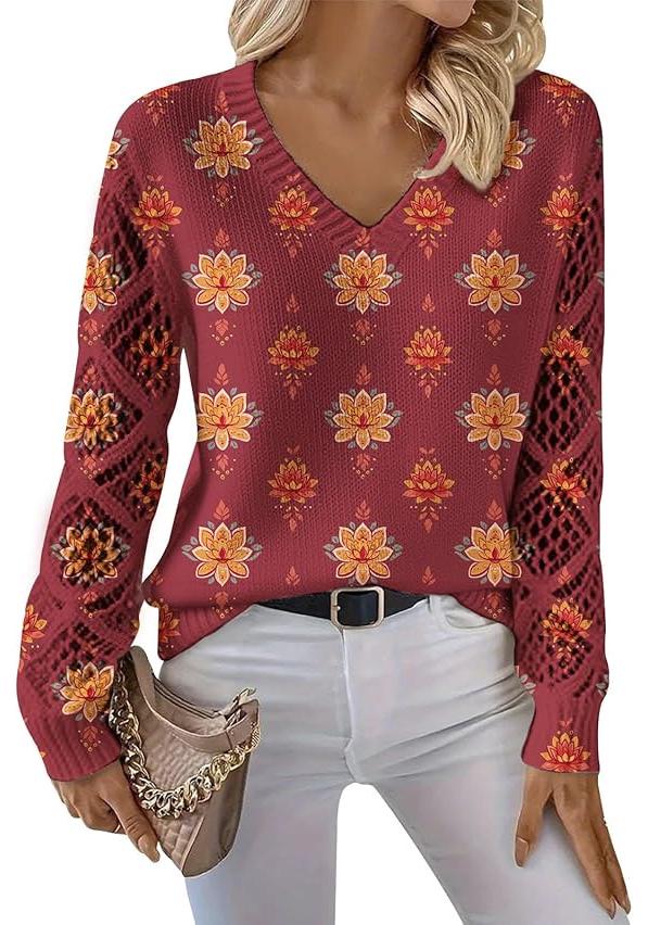 V-Neck Eyelet Print Sweater - Style HS-LY52