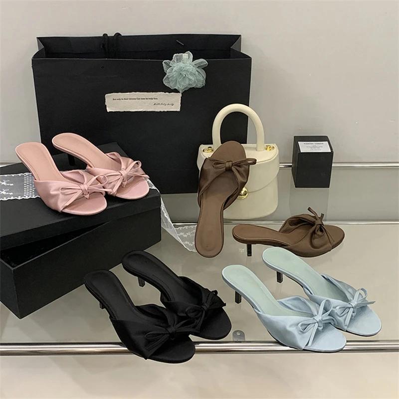 Mode Eilyken Mode Schmetterling-Knoten Plissiert Dünne Niedrige Absätze Damen Hausschuhe Sommer Elegant Peeptoe Party Kleiderschuhe