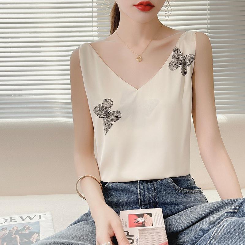 

Сатиновый жилет на бретелях с V-образным вырезом, летний стиль, принт, черно-белая основа с сатиновым топом без рукавов XXL