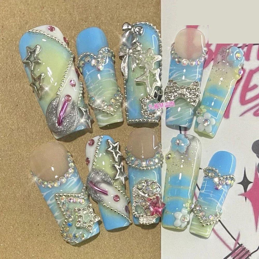 Kawaii Handmade Square Press On Nails Art Party Stickers Cute Flower Panda Bear Animal Custom Acrylic Fake Nails