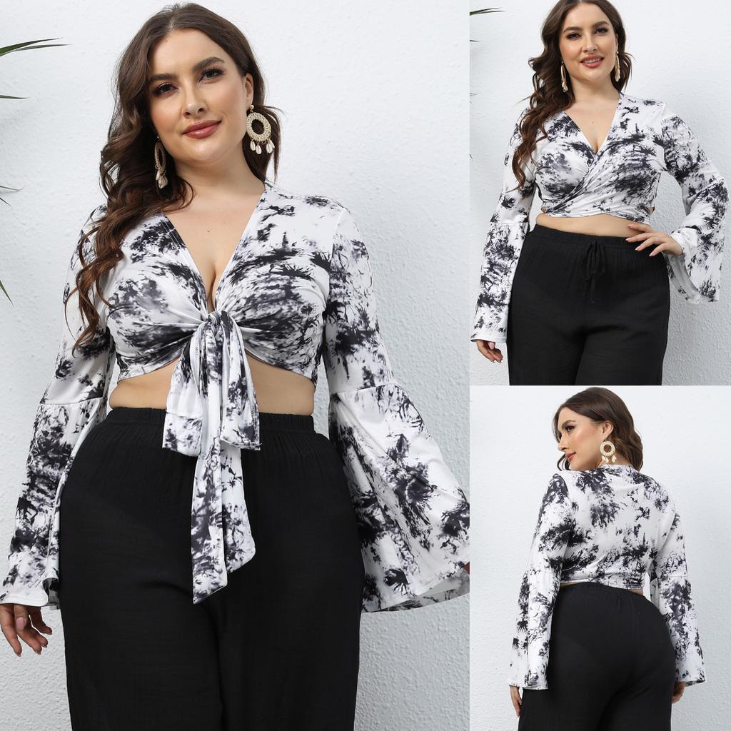 Tie-dye V-neck Long Sleeve for Women Criss-cross Back Tie Knot Short T-shirt Fashion Sexy Plus Long Sleeve Breathable Lightweight Comfortable Top