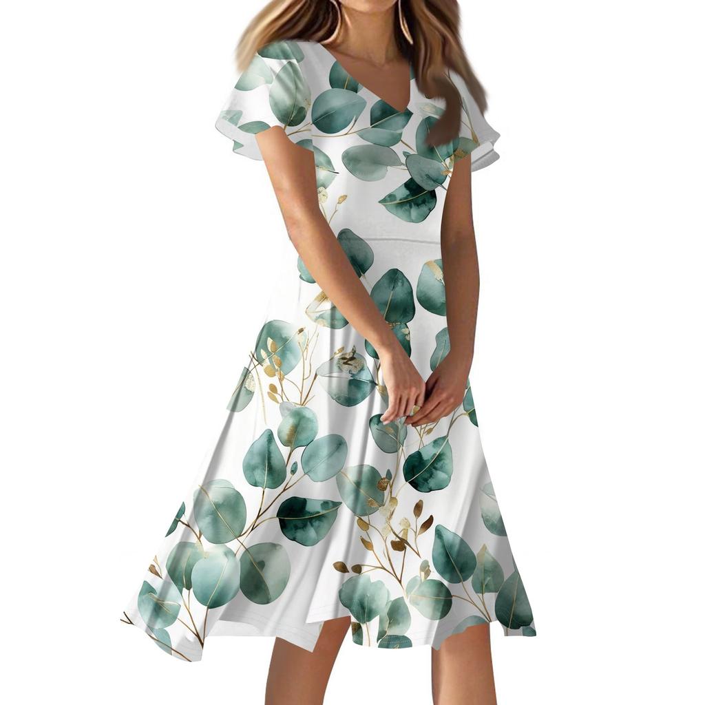 Dámské ležérní módní květinové tiskové šaty s výstřihem do V a krátkým rukávem, krátká sukně