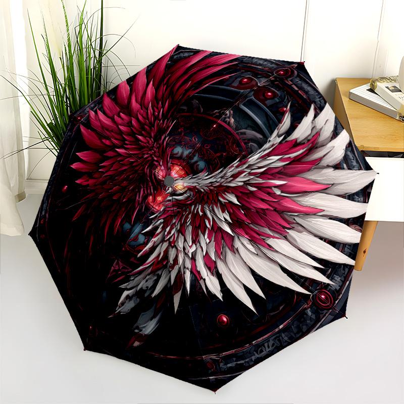 Feather Wings pattern, automatic folding umbrella, portable and foldable design, 8 ribs, a Christmas or birthday gift.