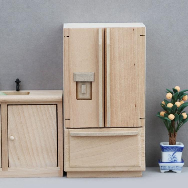 Miniatur-Holzkühlschrank Doppeltür Unbemalter Kühlschrank Möbel für Puppenhäuser Dekorationen Großartig für Sammler und Kinder