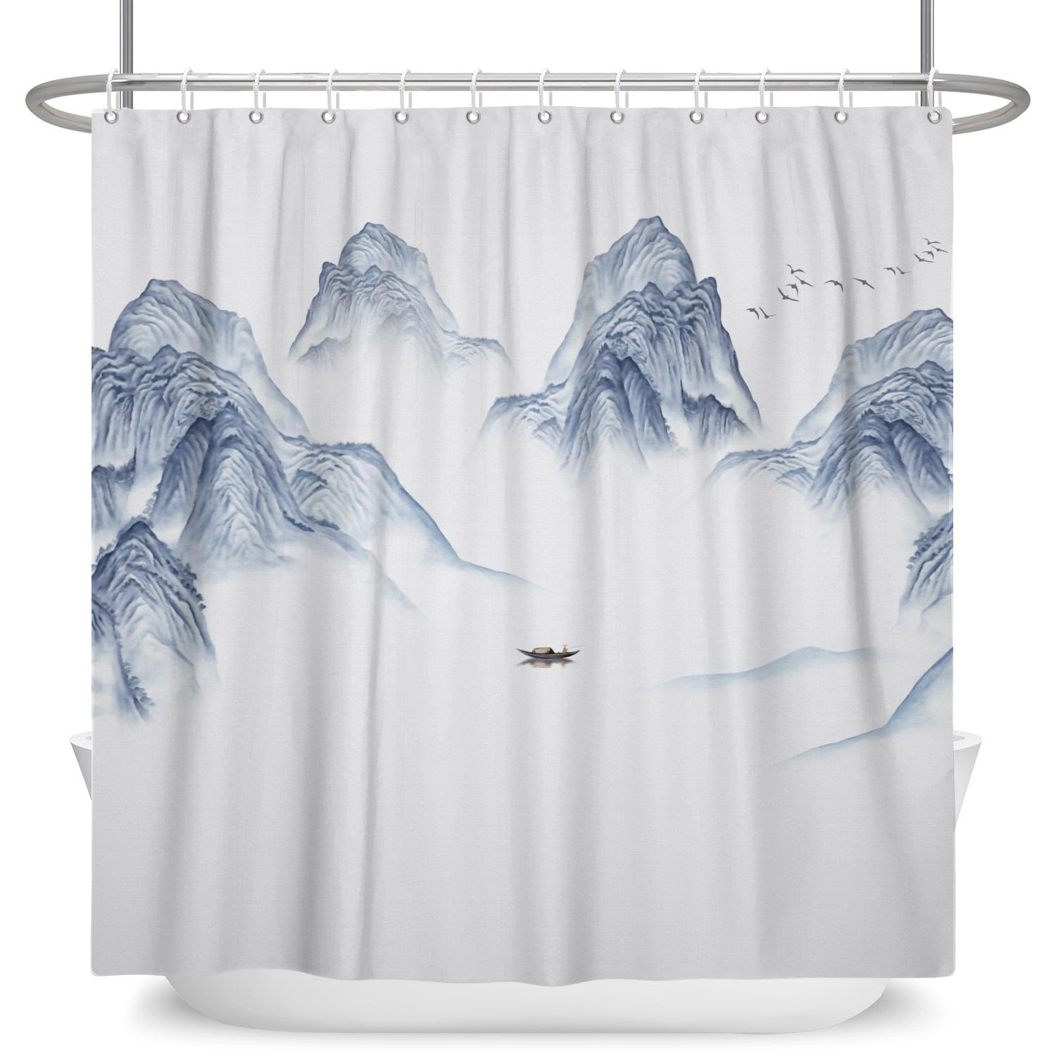 

Chinese Traditional Ink Painting Shower Curtains Mountain River Landscape Home Bathroom Bathtub Decor Waterproof Bath Curtain W60H190(CM)-1 Pcs