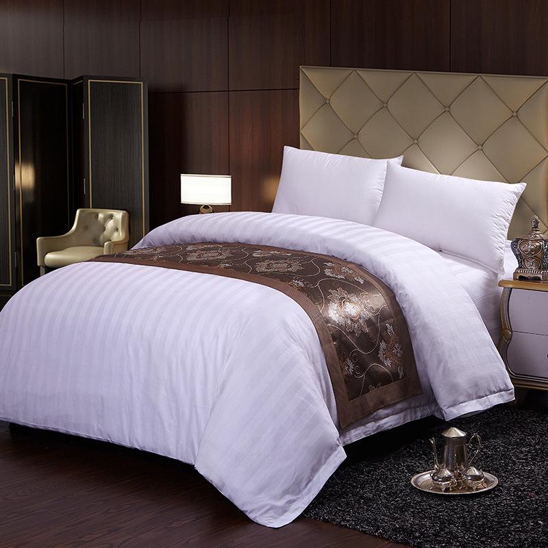 3cm Sateen Stripe 100% Cotton 4-Piece Linen Set, White - High-Density B&B Inn Quality