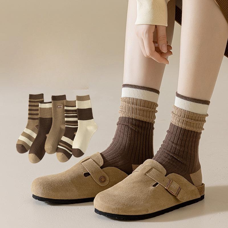 5 Pairs of Mid-calf Socks, Women's Autumn and Winter Double-needle Cotton Socks, Striped Women's Combed Cotton Pile Socks
