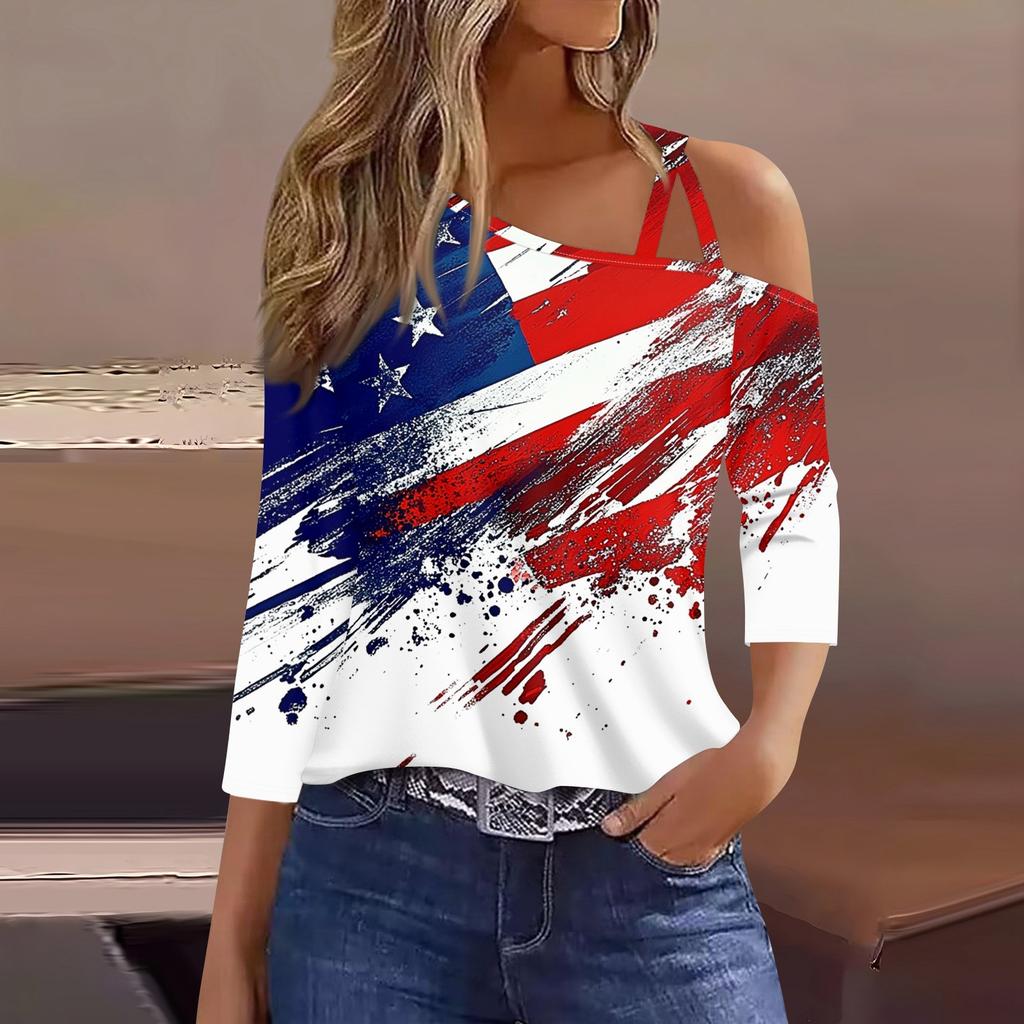 Women's Fashion Casual Independence Day Print Sexy Cold Shoulder 3/4 Sleeve T-shirt Top