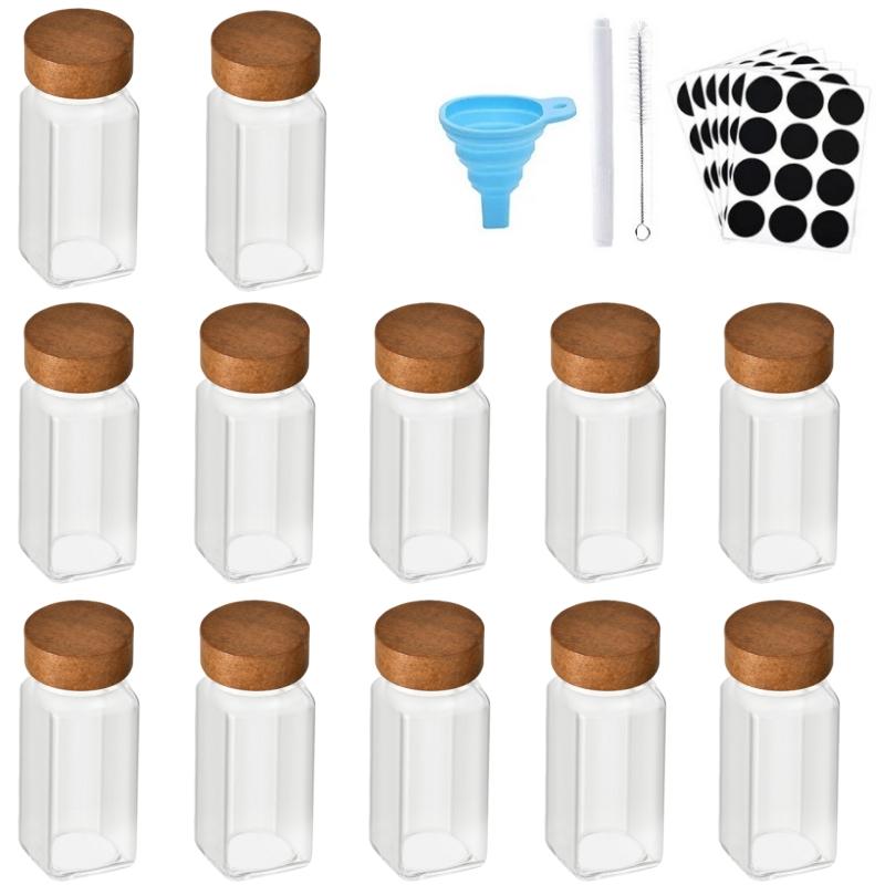 12pcs Spice Jars with Labels Thickened Glass Seasoning Containers with Bamboo Lids Sealed Seasoning Bottles with Silicone Funnel