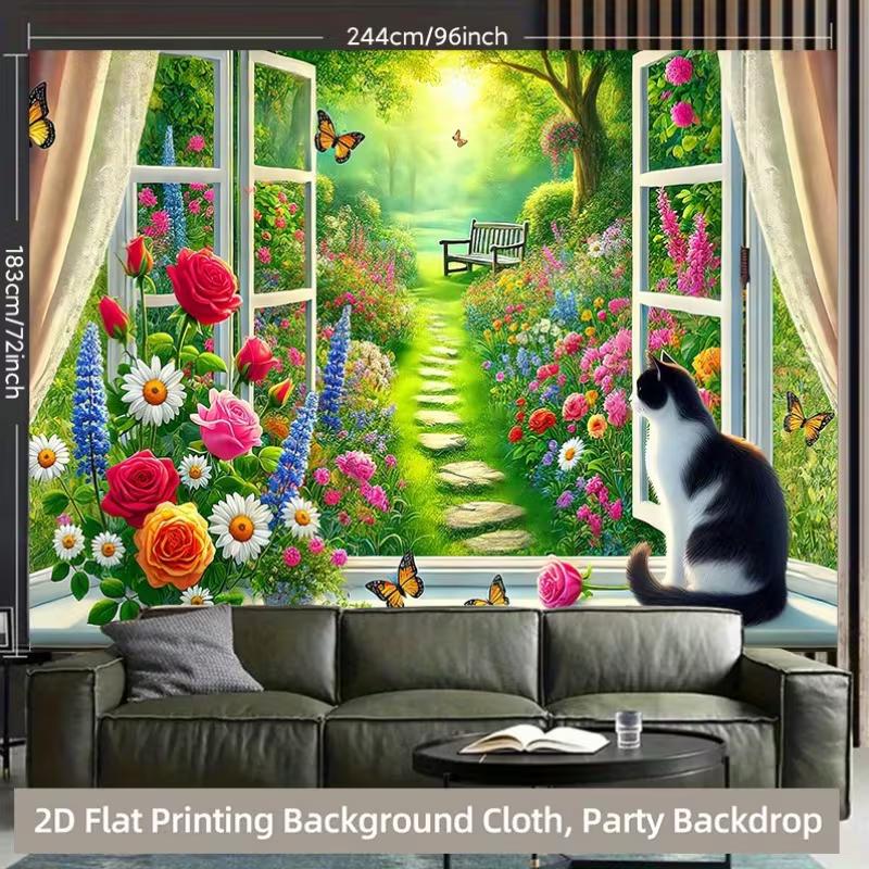 2D Cat at Open Window Tapestry Garden View with Flowers and Butterflies Backdrop
