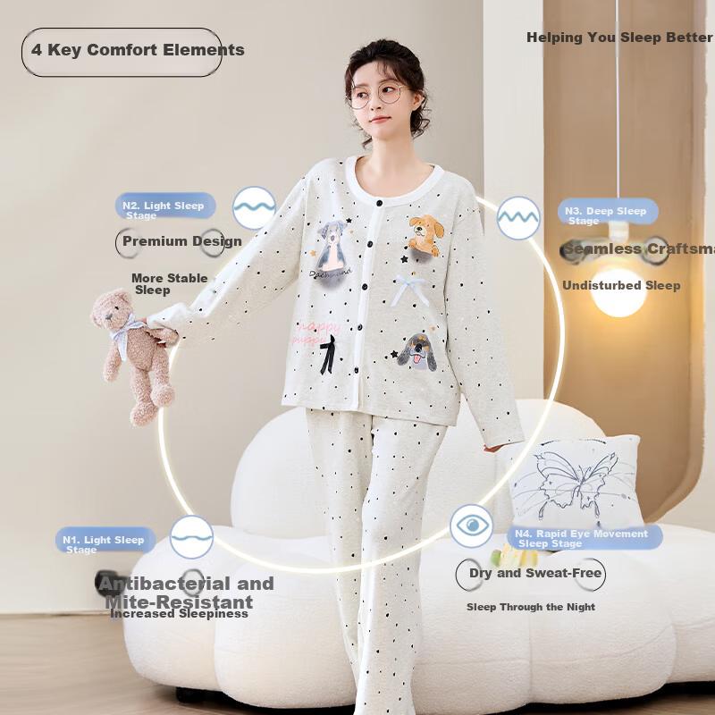 Miiow Combed Cotton Simple Dog Print Lazy Style Long Sleeve Pajamas 2025 New