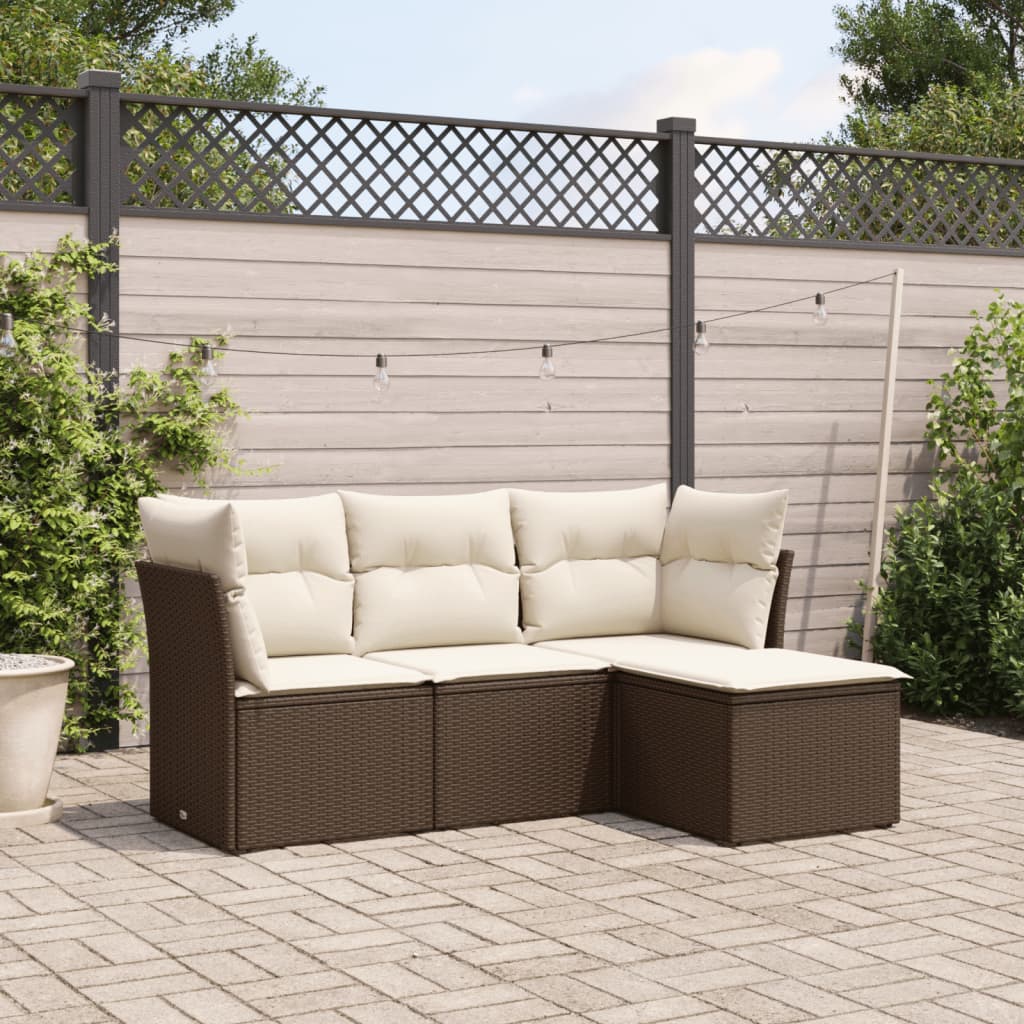 4 Piece Garden Sofa Set with Cushions Brown Poly Rattan