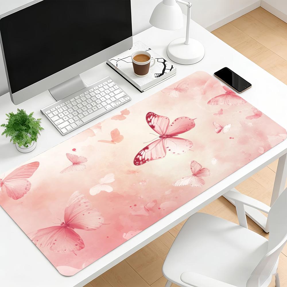 Watercolor Pink Butterfly Large Gaming Mouse Pad Non Slip Rubber Desk Mat Keyboard Mat For Pc Laptop Office Home Gamer Setup
