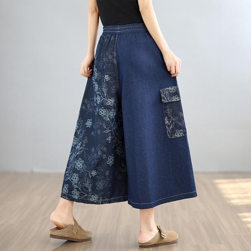 patchwork plus size Vintage floral high waist casual loose Women spring summer jeans denim wide leg Pants