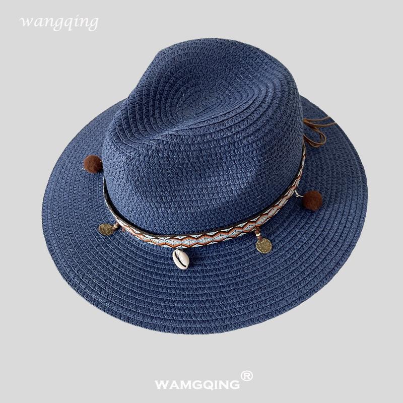 2025 New Fashion Bohemia Style Vacation Straw Hat Women Beach Grassland Travel Retro Cowboy Sun Hat Women's Wide Brim Panama