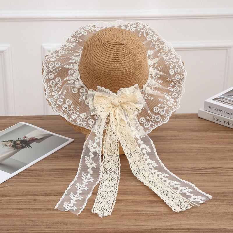 Summer Bow Sun Hat Female, Seaside Beach Vacation Sun Hat Outdoor Big Brim Sun Hat Sweet Straw Hat