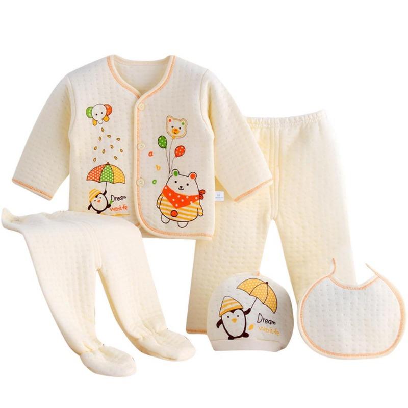 HeavyRain 5PCS Newborn Baby Boy Girl Cartoon Long Sleeve Tops+Hat+Pants +Bib Outfits Set