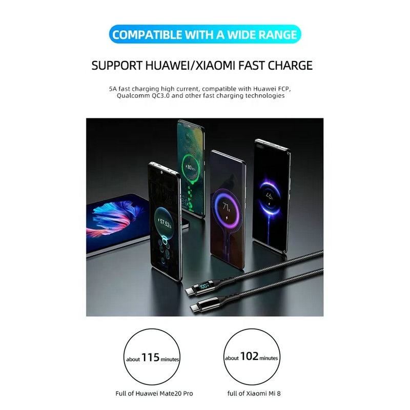 100W 5A PD Fast Charge USB C to USB C Display Cable Type C to USB-C Phone Charger Compatible Or For Macbook Xiaomi Samsung