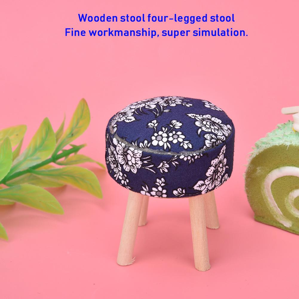 1:12 Doll House Accessories Dollhouse Miniature Furniture Cloth Wood Four Legged Stool(Dark Blue )