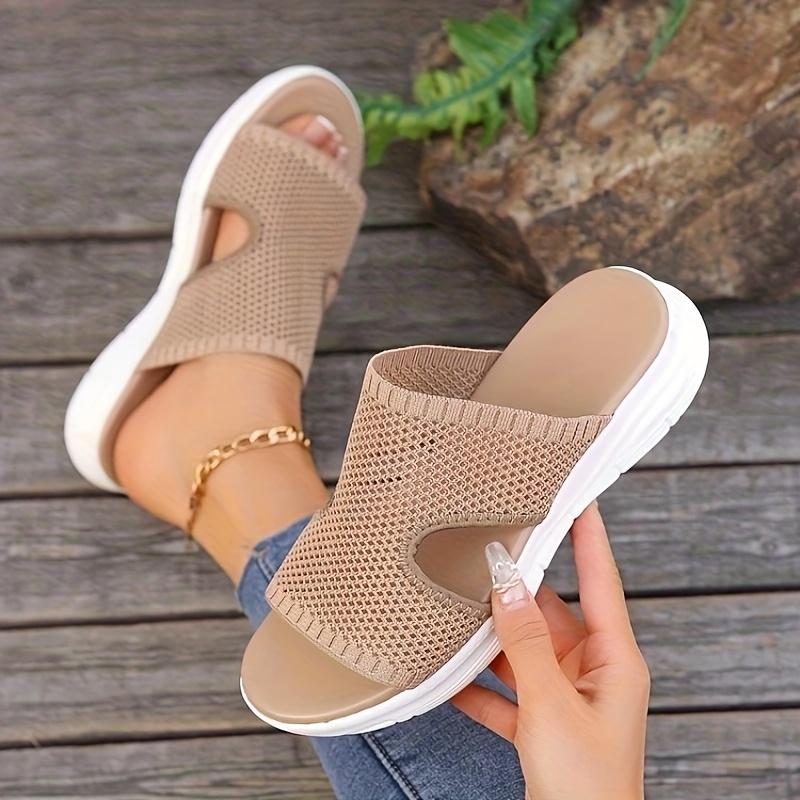 Women's Lightweight Breathable Knit Wedge Sandals Summer Slip-On Thick Sole Open Toe Casual Shoes