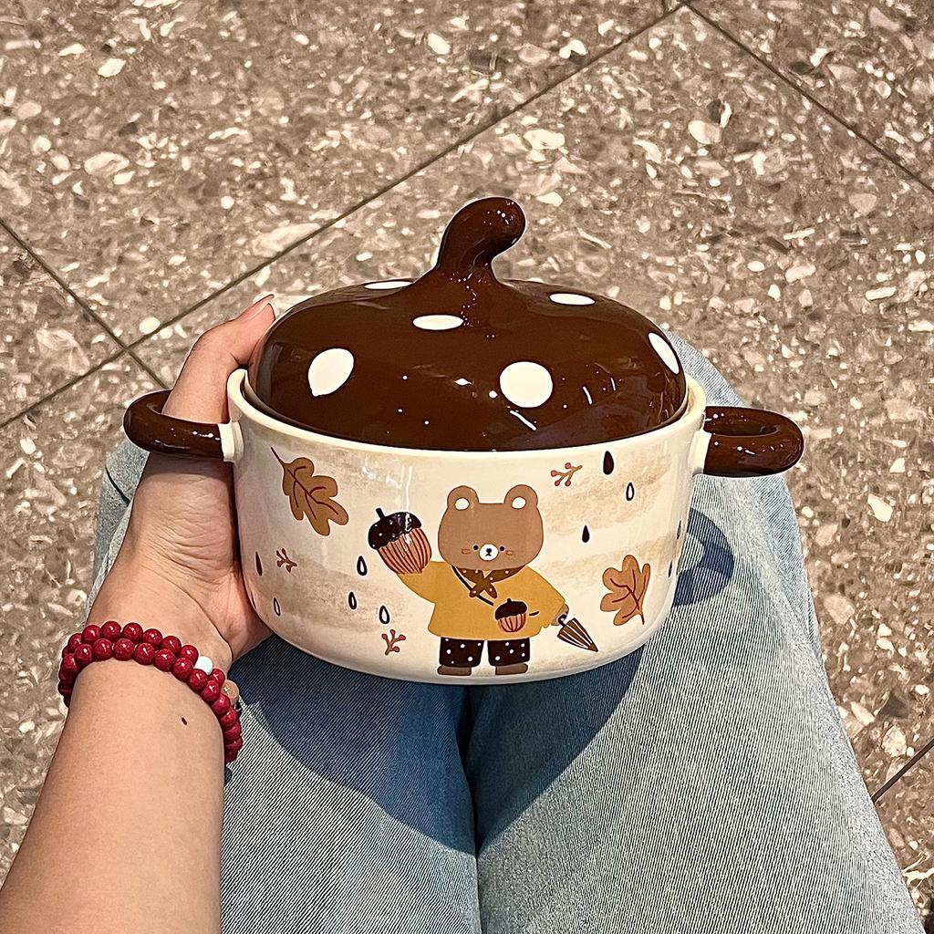Hochwertige Instant-Nudelschüssel mit Deckel, Bären-Keramik-Instant-Nudelschüssel, Studentenwohnheim Reisschüssel, Schneckenpulver-Schüssel mit großem Fassungsvermögen