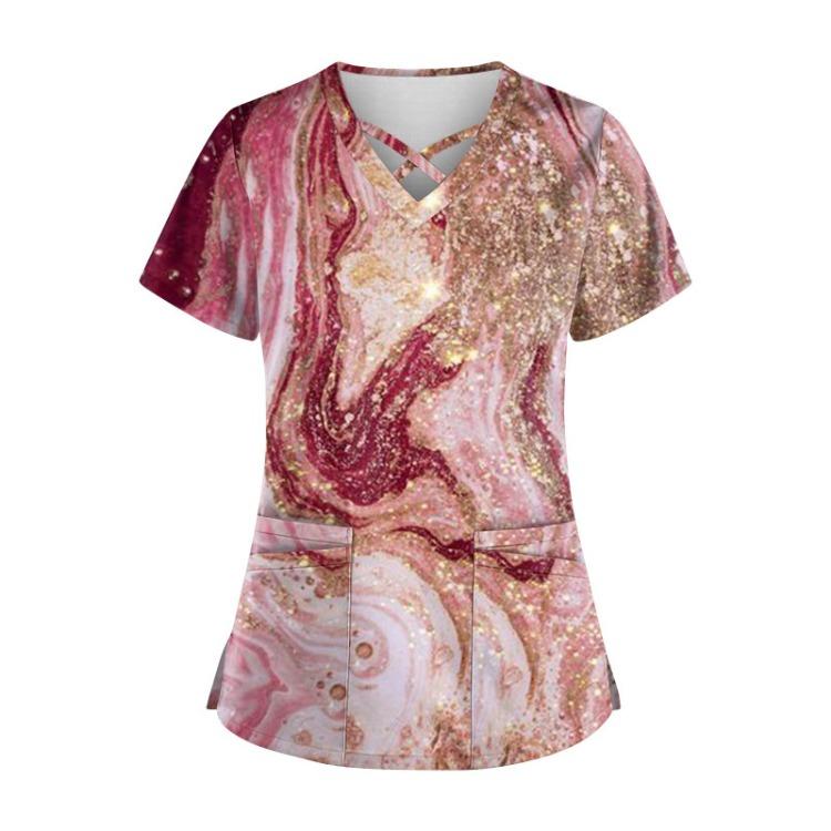 

Женские милые футболки-скрабы больших размеров с принтом, с коротким рукавом, рабочая одежда, футболка с карманами, V-образным вырезом крест-накрест, забавные футболки для рабочей формы XXXXXL розовый