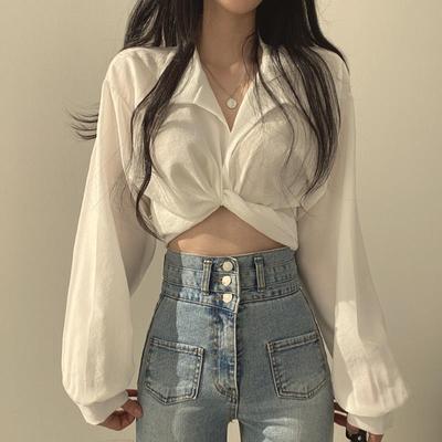 Vintage Streetwear Harajuku Sexy Frauen Bluse Crop Top Koreanische Stil Trends Weiß Langarm Shirt Weibliche Tunika Chic