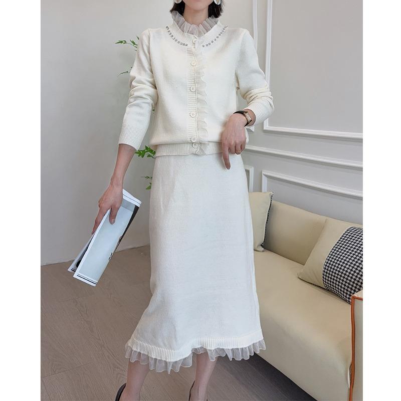 Celebrity sweater two-piece set autumn and winter fashion lace skirt + knitted cardigan set