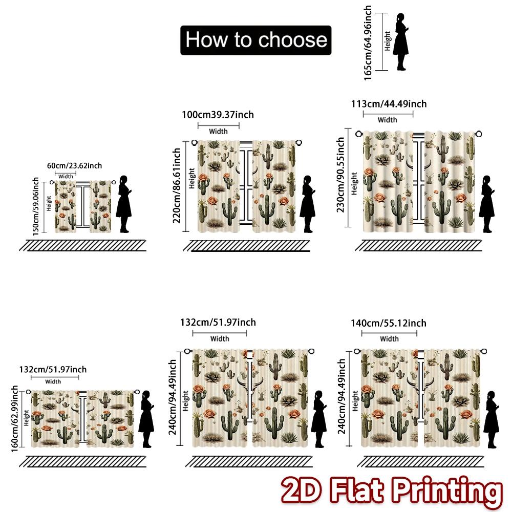 2D FLAT PRINTING 2pcs Curtains (Without Rod) Western Cacti and Roses Creative Chic Curtains Versatile Durable Polyester Curtains